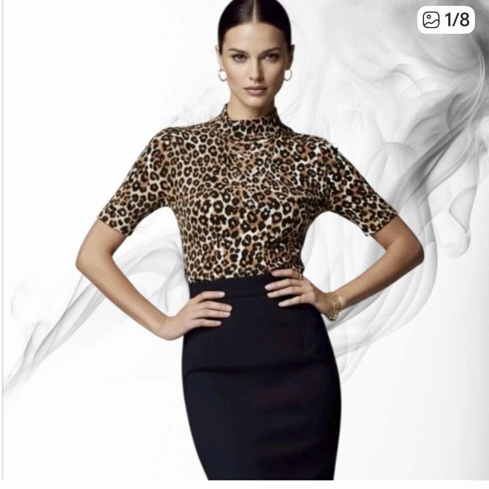 Anthropologie Leopard Print Mock Neck Short Sleeve Top